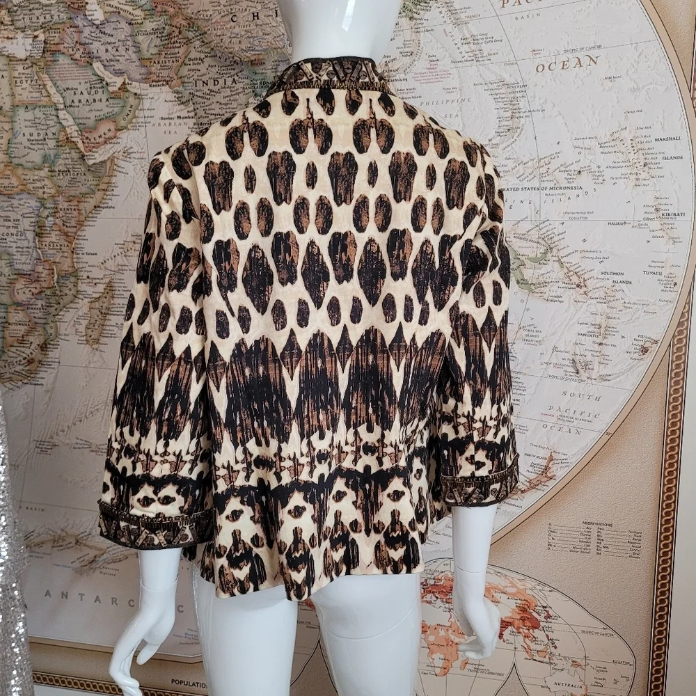 Chico's tribal print ivory black jacket brown beading tab collar artsy ethnic S